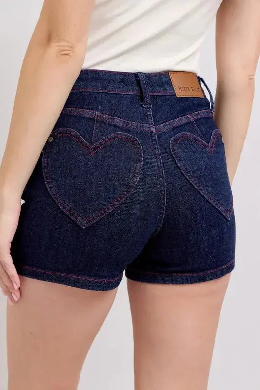 Judy Blue High Waist Heart Shaped Pkts & Red Contrast Thread Denim Shorts - Love Salve